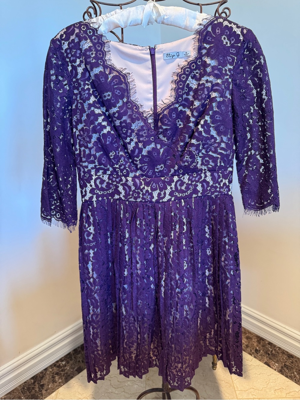 Eliza J Purple Lace V-Neck Fit & Flare Dress